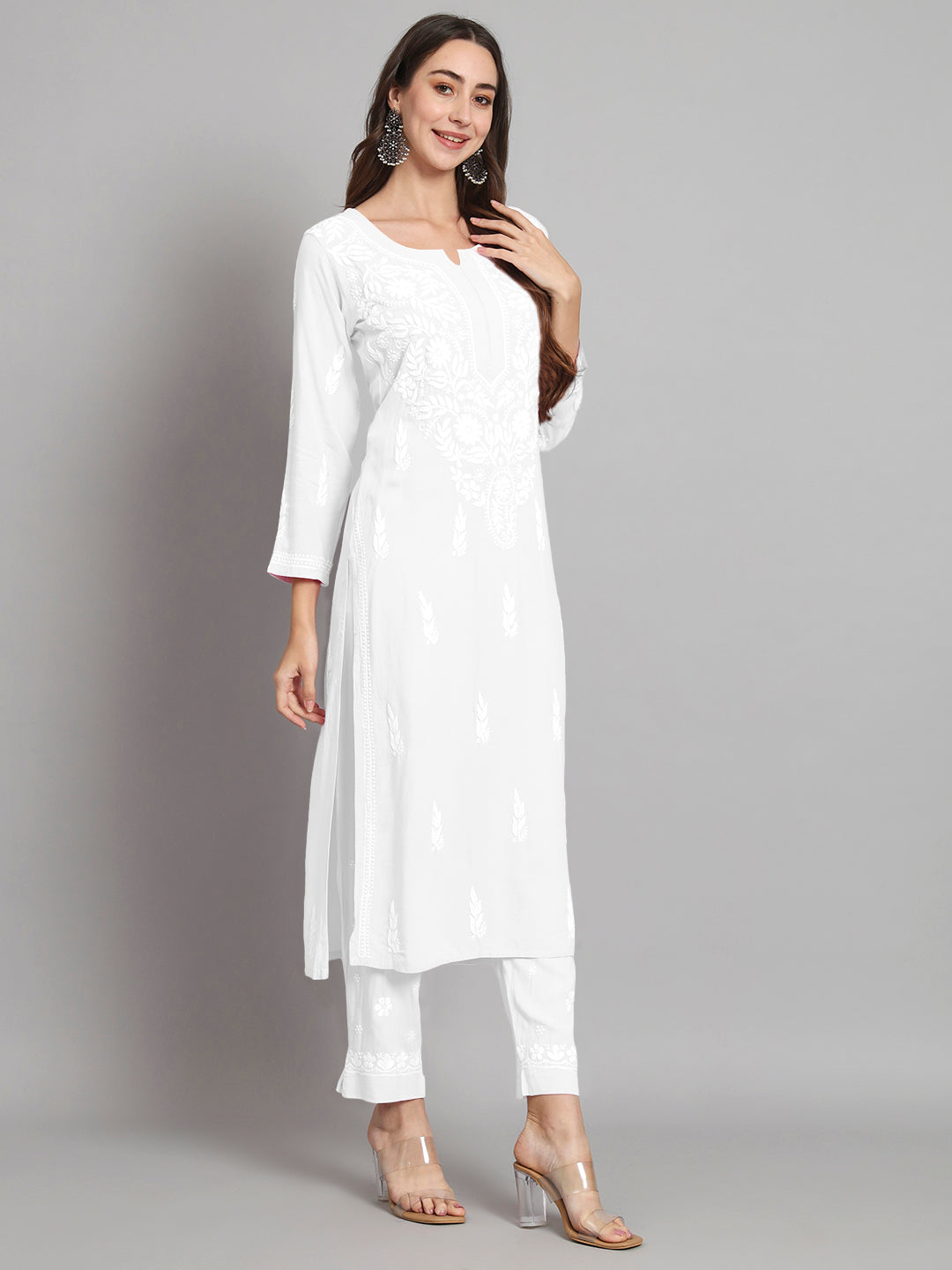 Women Hand Embroidered Chikankari Rayon Kurta set-AL3451KS White