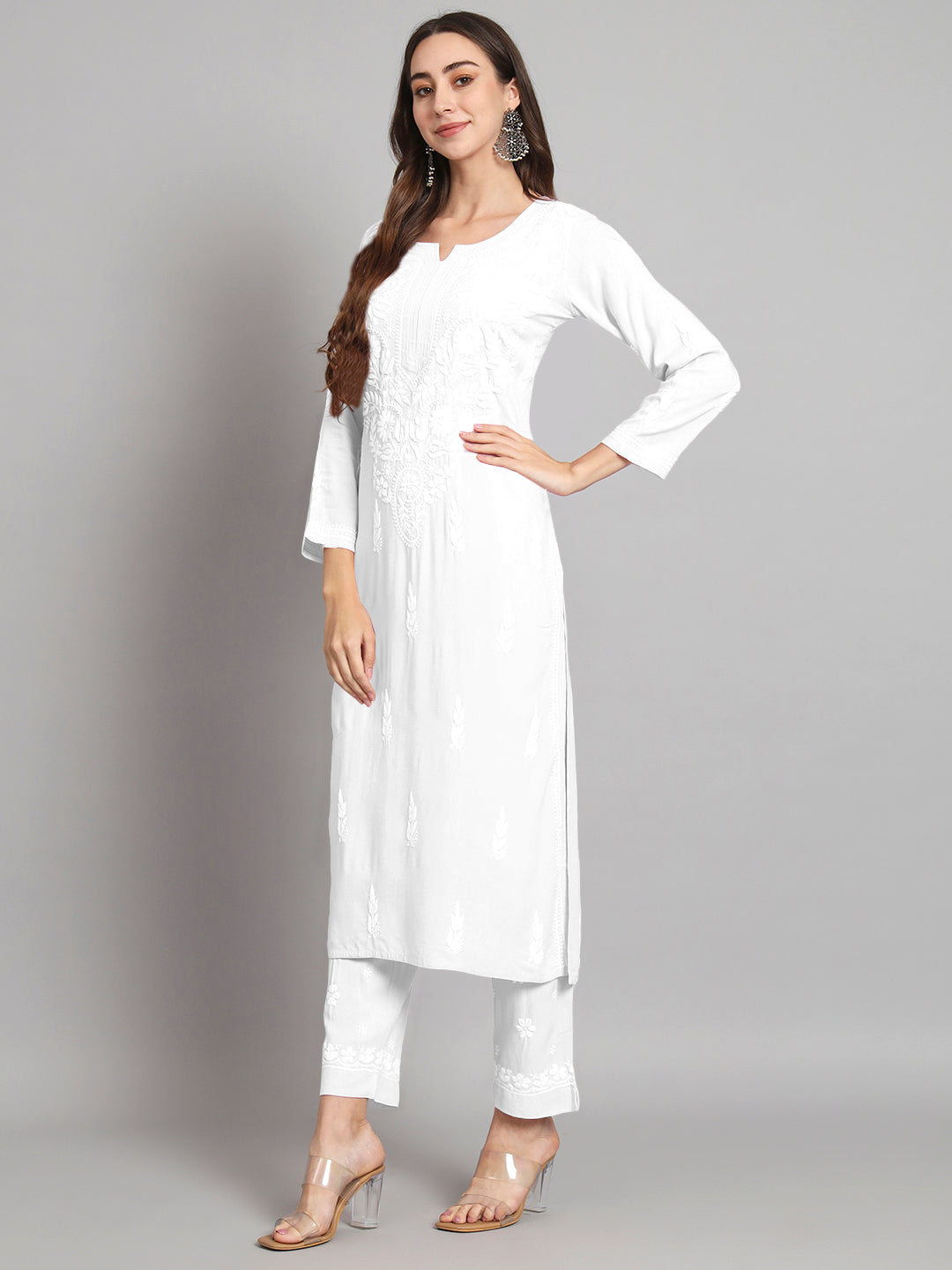 Women Hand Embroidered Chikankari Rayon Kurta set-AL3451KS White
