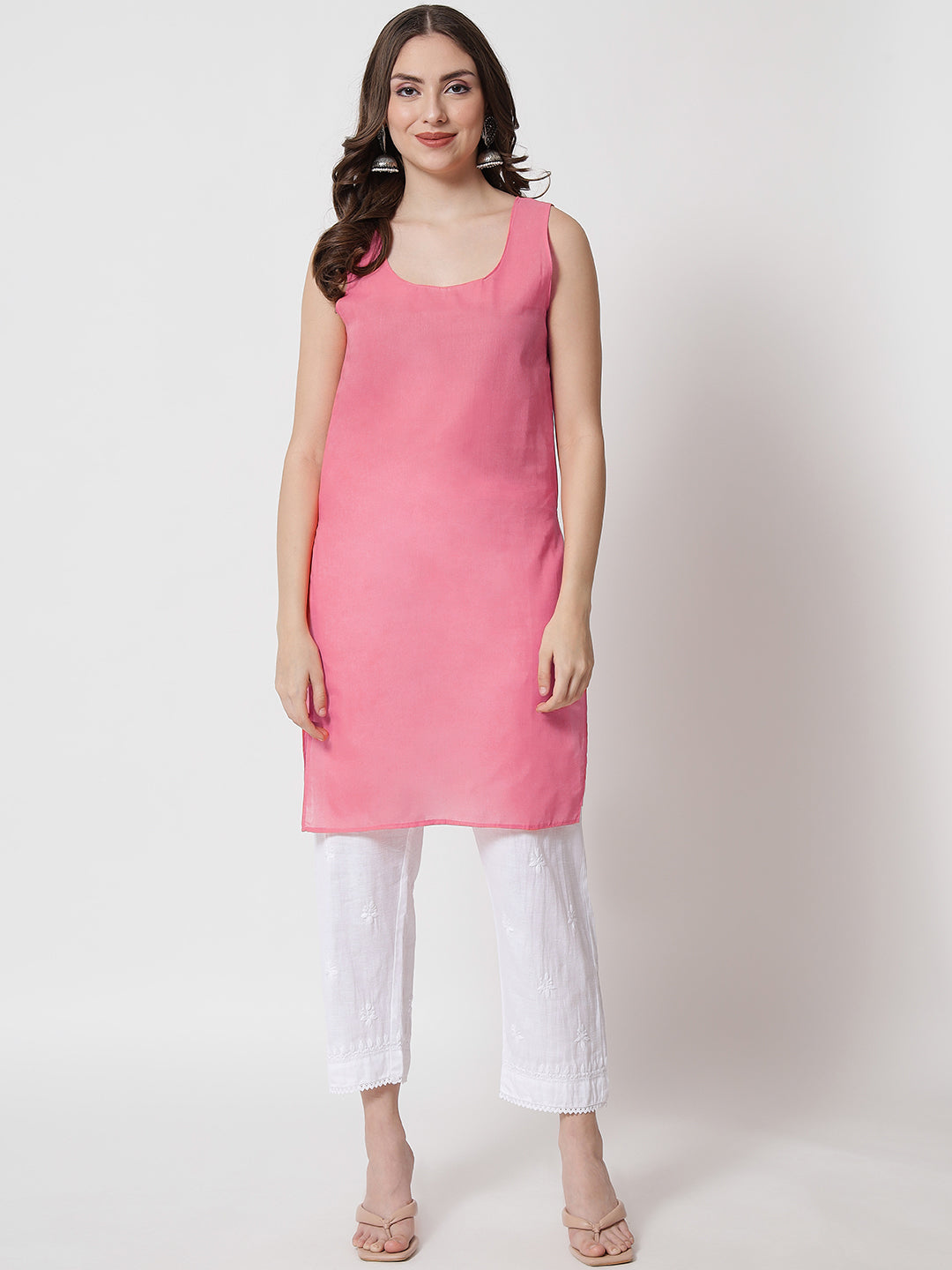 Hand Embroidered Chikankari Kota Straight Kurta With Slip-AL3540 Pink