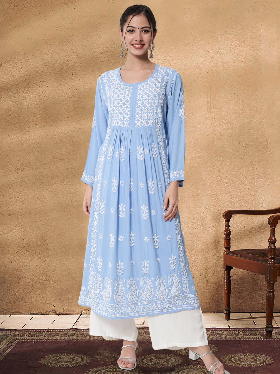 Women Hand Embroidered Chikankari Rayon Kurta-AL3549 Denimblue