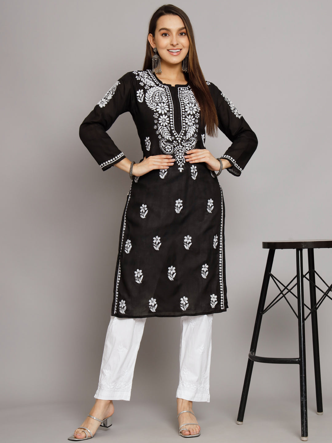 Hand Embroidered Chikankari Cotton Straight Kurta-AL3561 Black