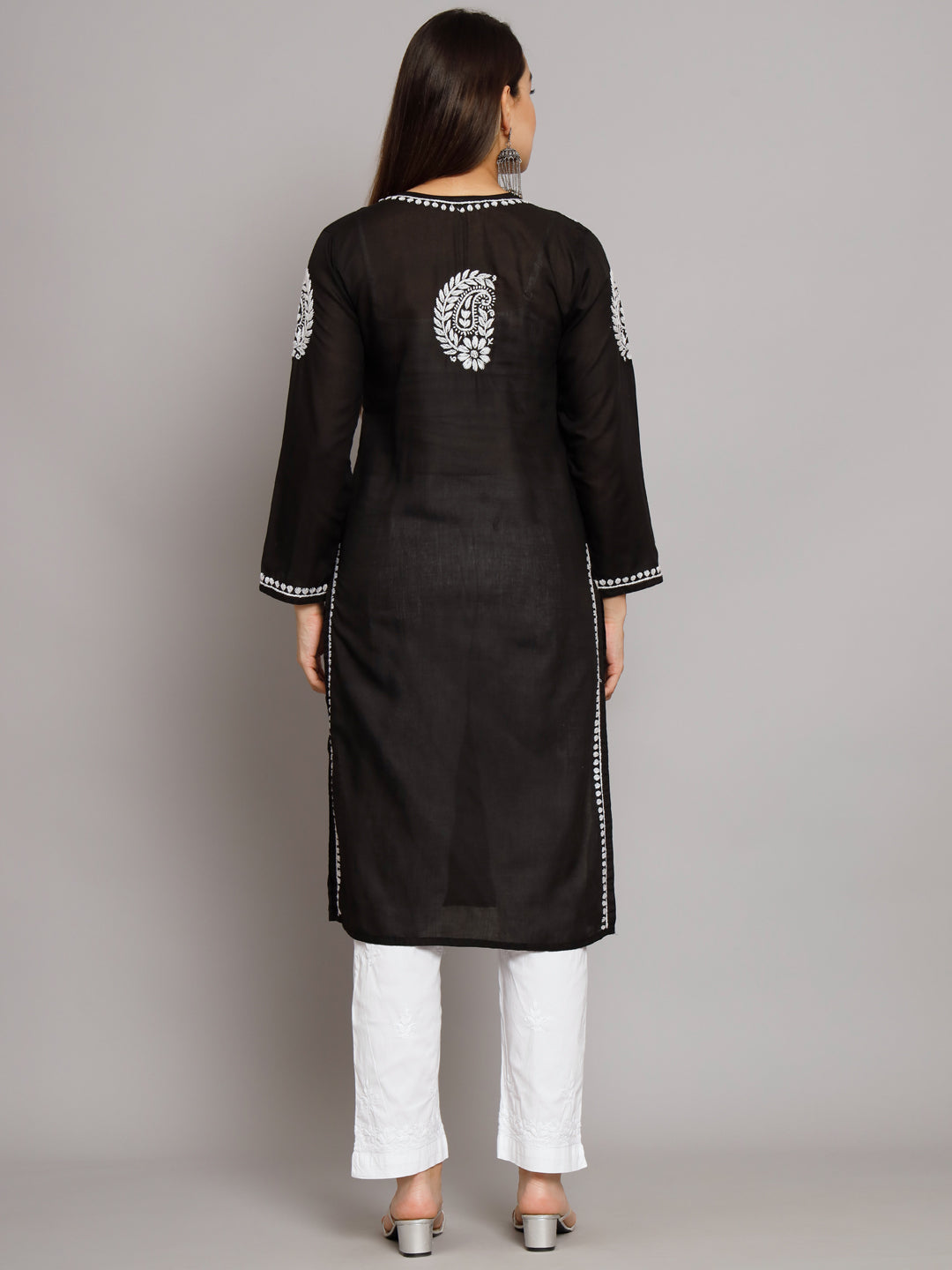 Hand Embroidered Chikankari Cotton Straight Kurta-AL3561 Black