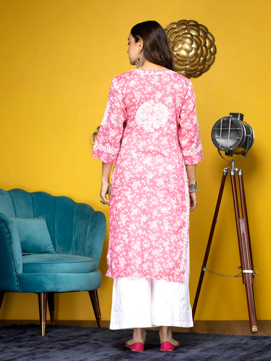Hand Embroidered Chikankari Mulmul Straight Kurta-AL3648 Pink