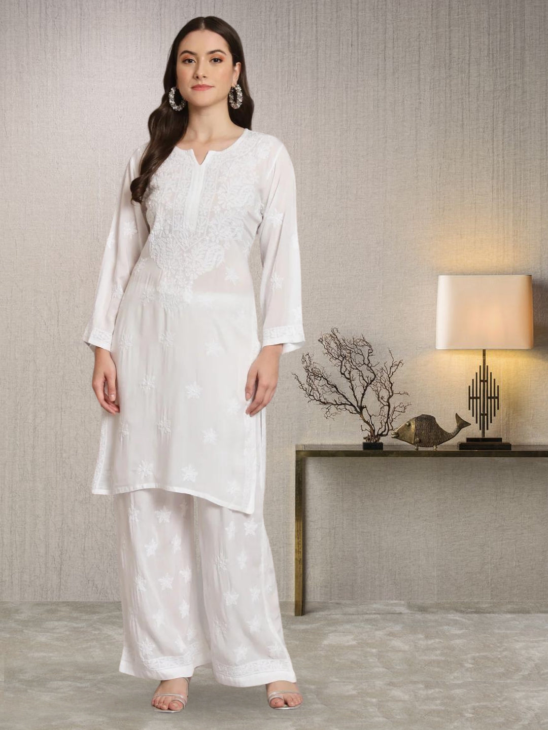 Hand Embroidered Chikankari Modal Kurta with Palazzo- AL3662KS White