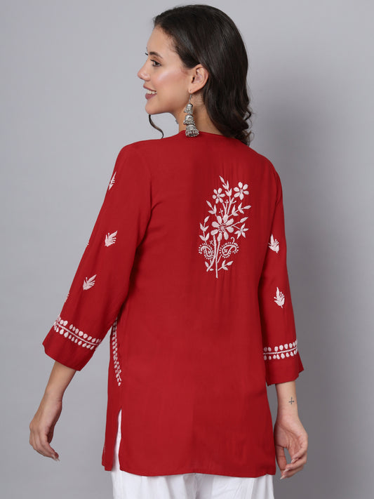 Women Hand Embroidered Chikankari Rayon Kurti with Pockets-AL3696 Red