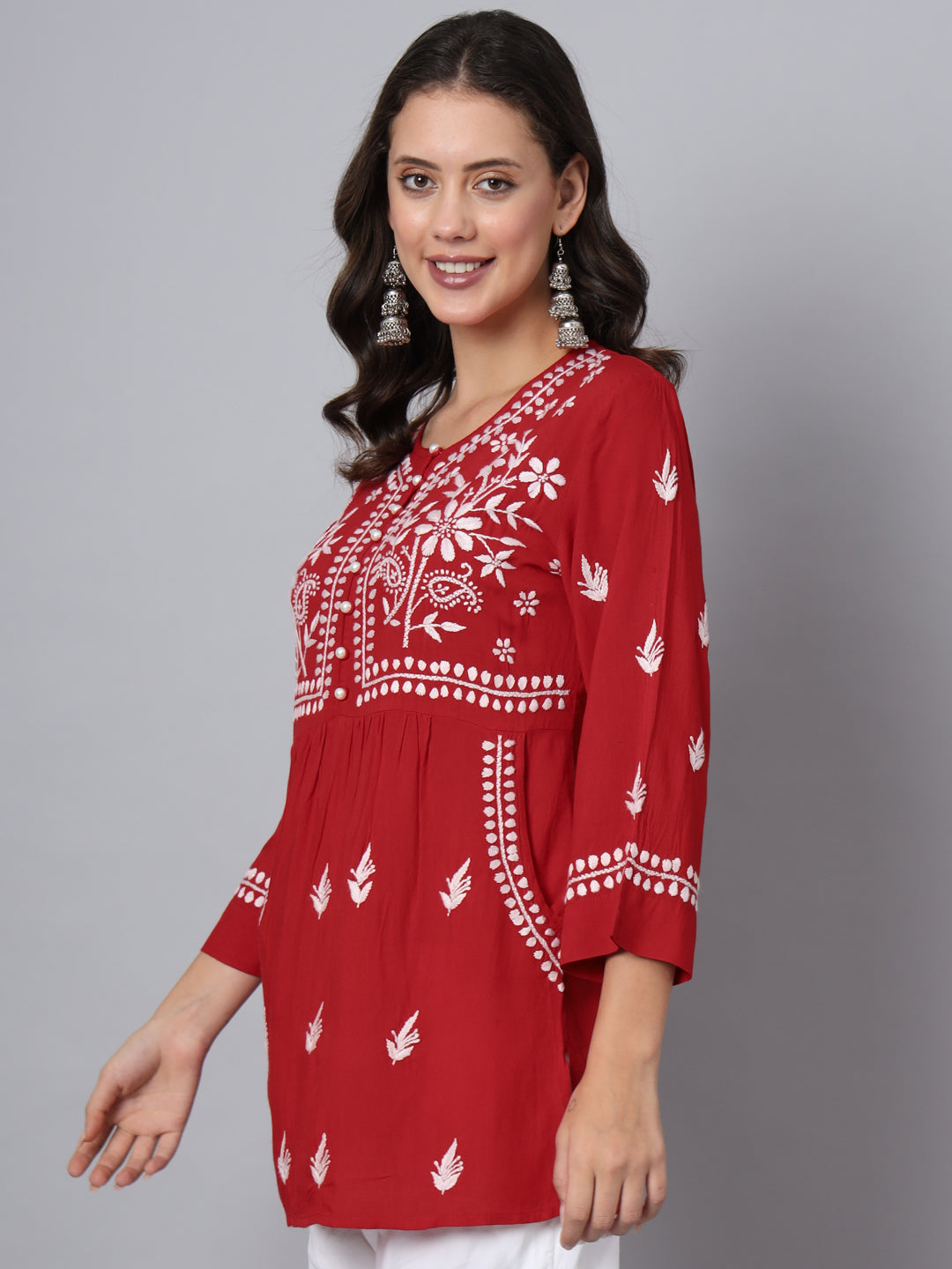 Women Hand Embroidered Chikankari Rayon Kurti with Pockets-AL3696 Red