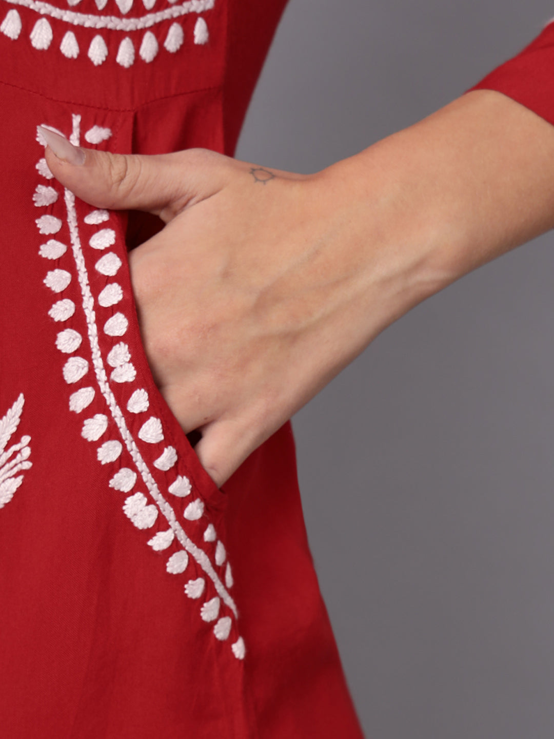 Women Hand Embroidered Chikankari Rayon Kurti with Pockets-AL3696 Red