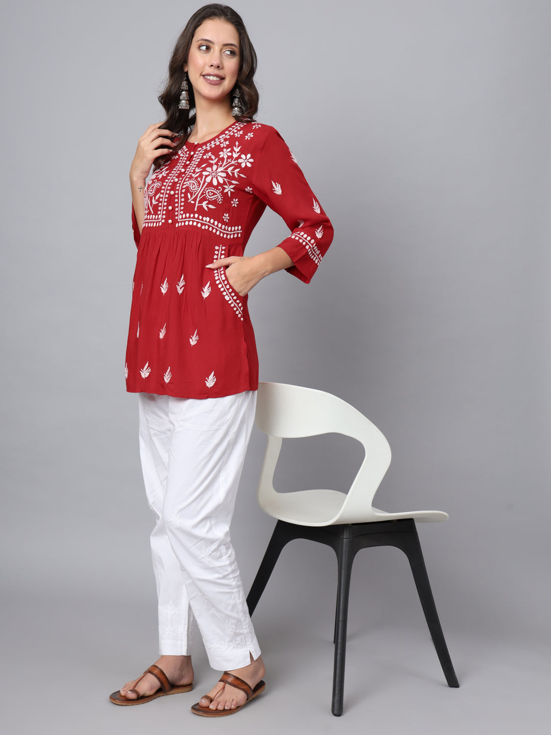 Women Hand Embroidered Chikankari Rayon Kurti with Pockets-AL3696 Red