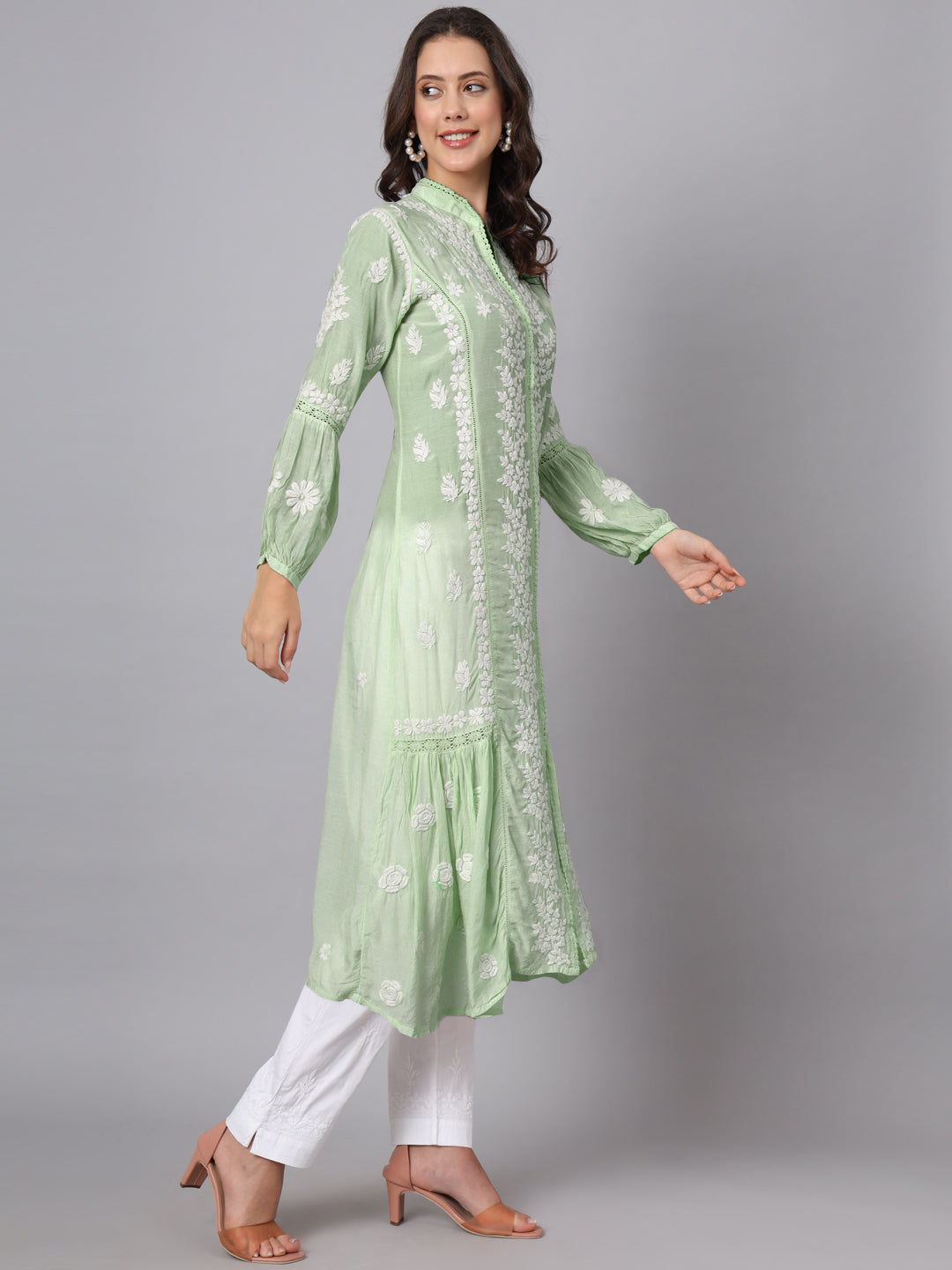 Women Hand Embroidered Chikankari Muslin Kurta-AL3888 Green