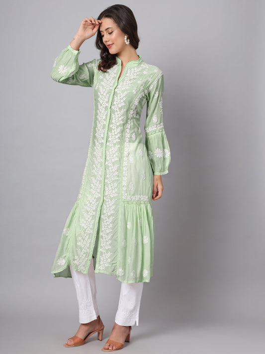 Women Hand Embroidered Chikankari Muslin Kurta-AL3888 Green
