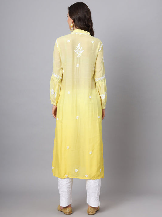 Women Hand Embroidered Chikankari Muslin Kurta-AL3888 Ombreyellow