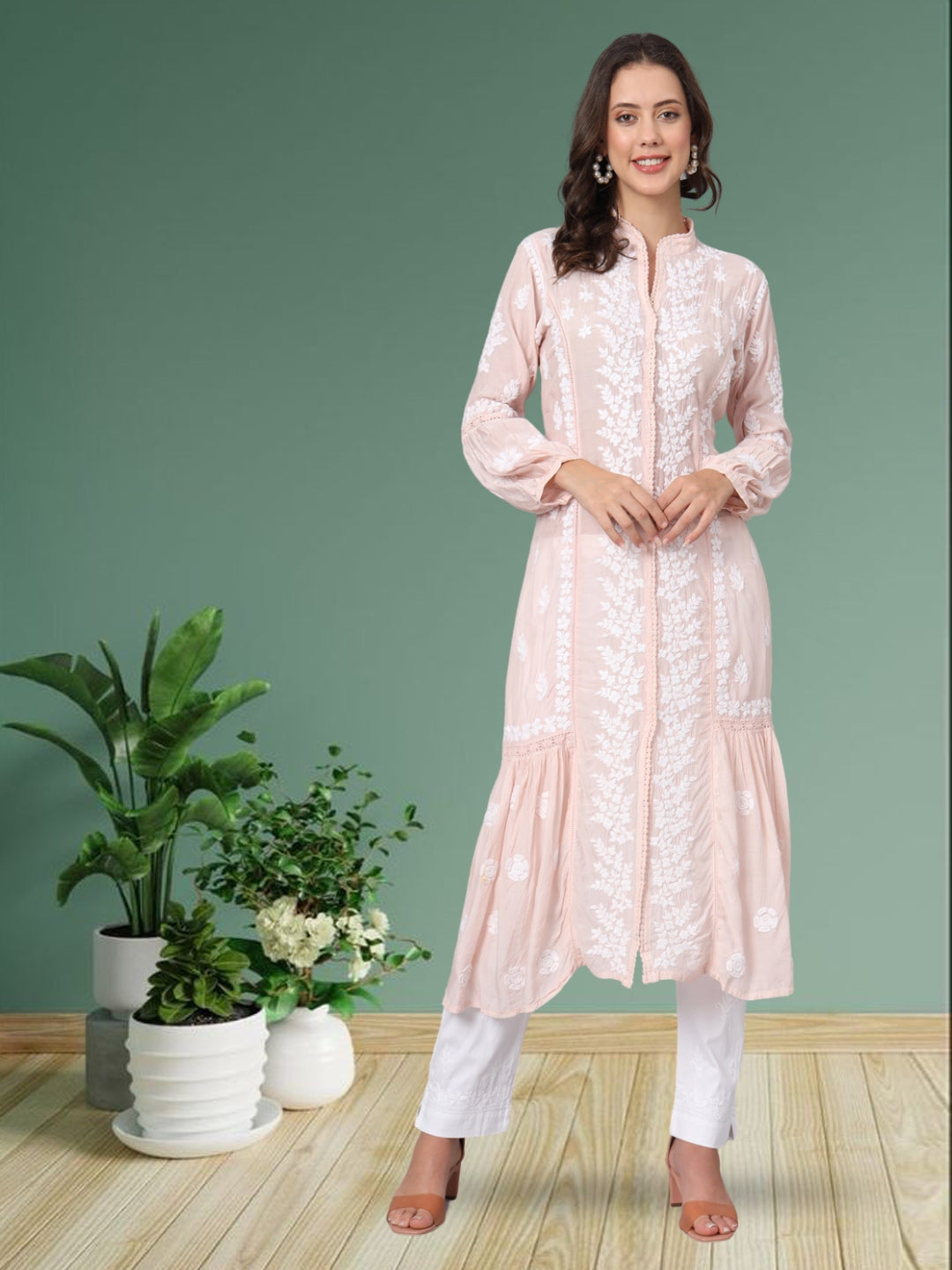 Women Hand Embroidered Chikankari Muslin Kurta-AL3888 Peach