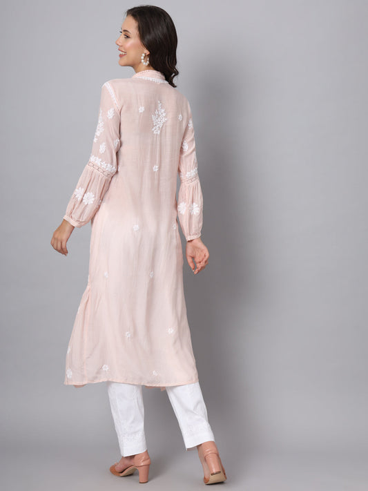 Women Hand Embroidered Chikankari Muslin Kurta-AL3888 Peach