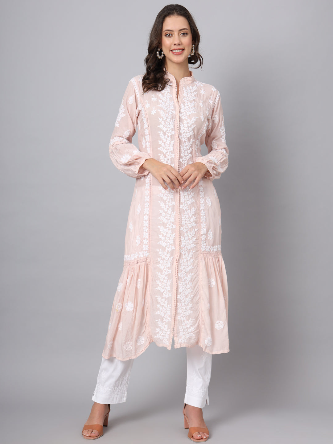 Women Hand Embroidered Chikankari Muslin Kurta-AL3888 Peach