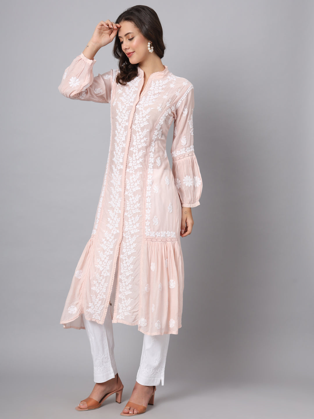 Women Hand Embroidered Chikankari Muslin Kurta-AL3888 Peach