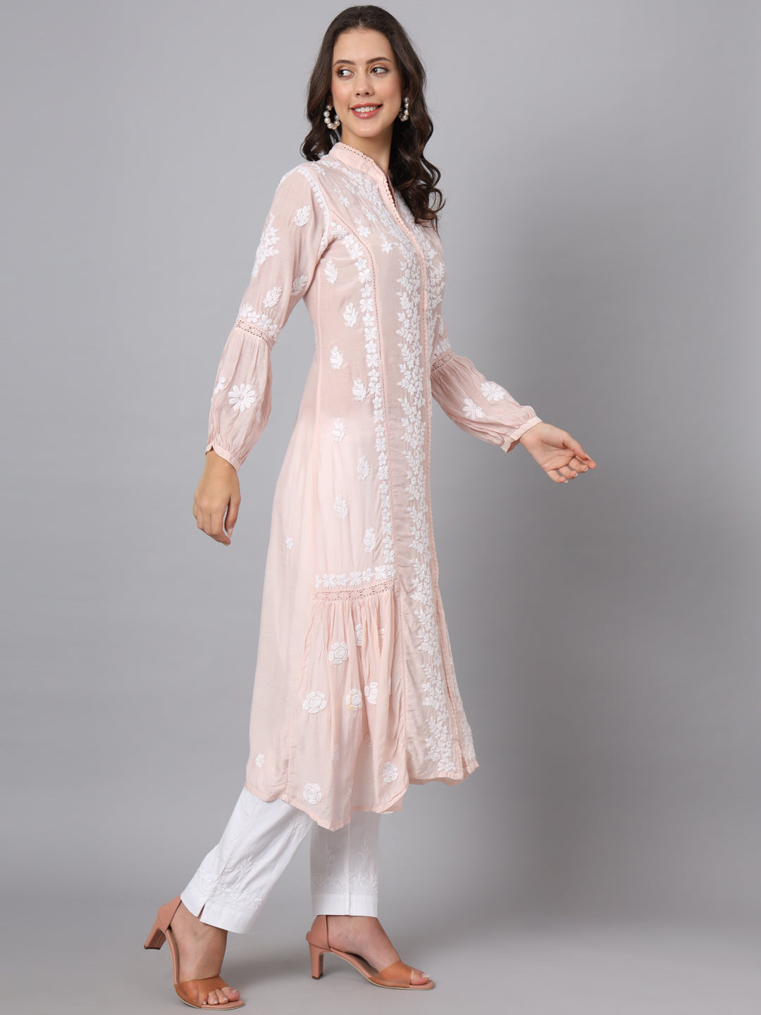 Women Hand Embroidered Chikankari Muslin Kurta-AL3888 Peach