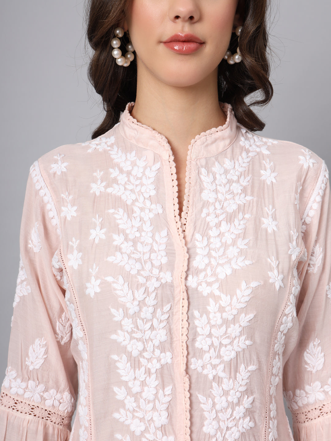 Women Hand Embroidered Chikankari Muslin Kurta-AL3888 Peach
