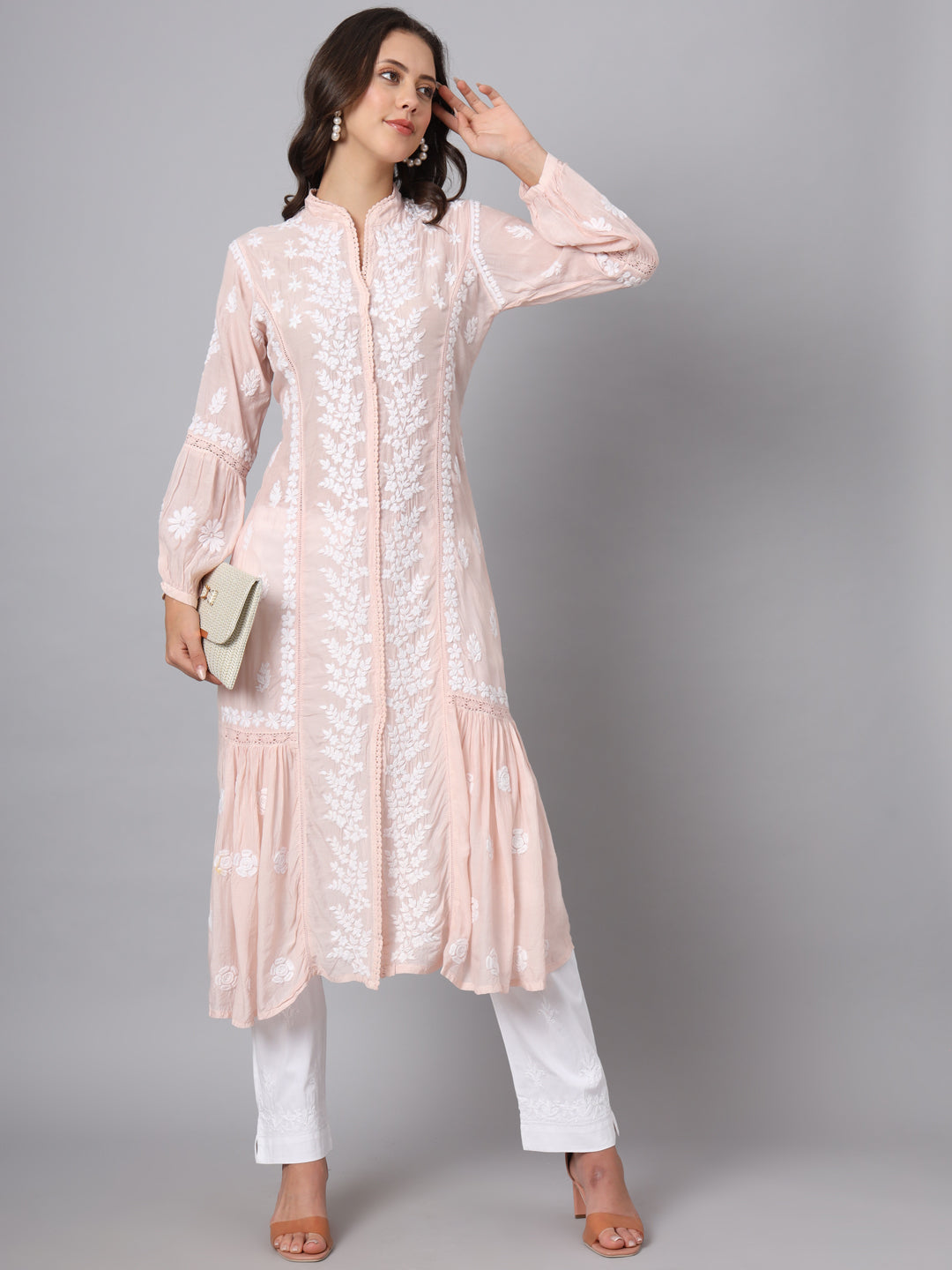 Women Hand Embroidered Chikankari Muslin Kurta-AL3888 Peach