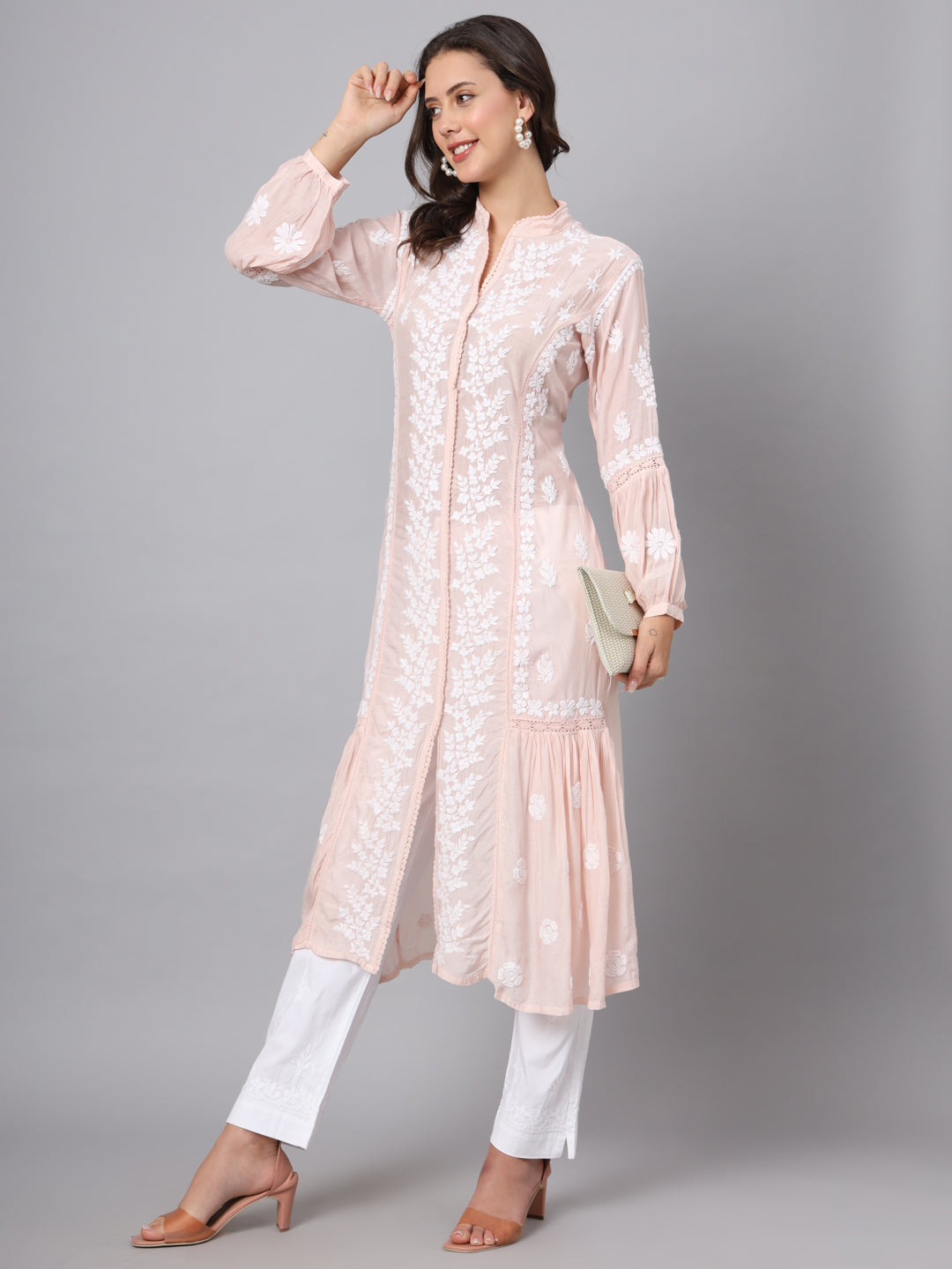 Women Hand Embroidered Chikankari Muslin Kurta-AL3888 Peach
