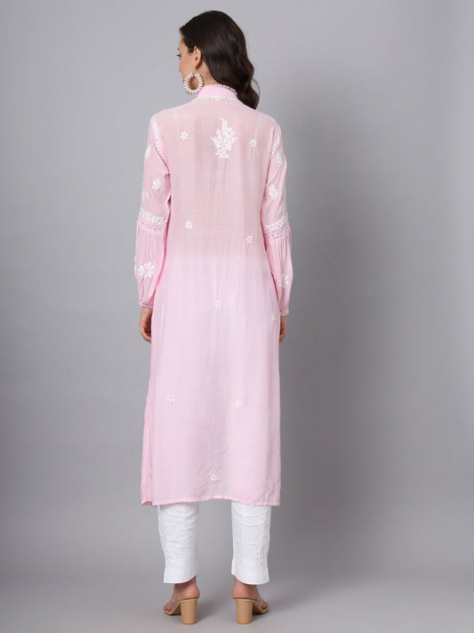 Women Hand Embroidered Chikankari Muslin Kurta-AL3888 Pink