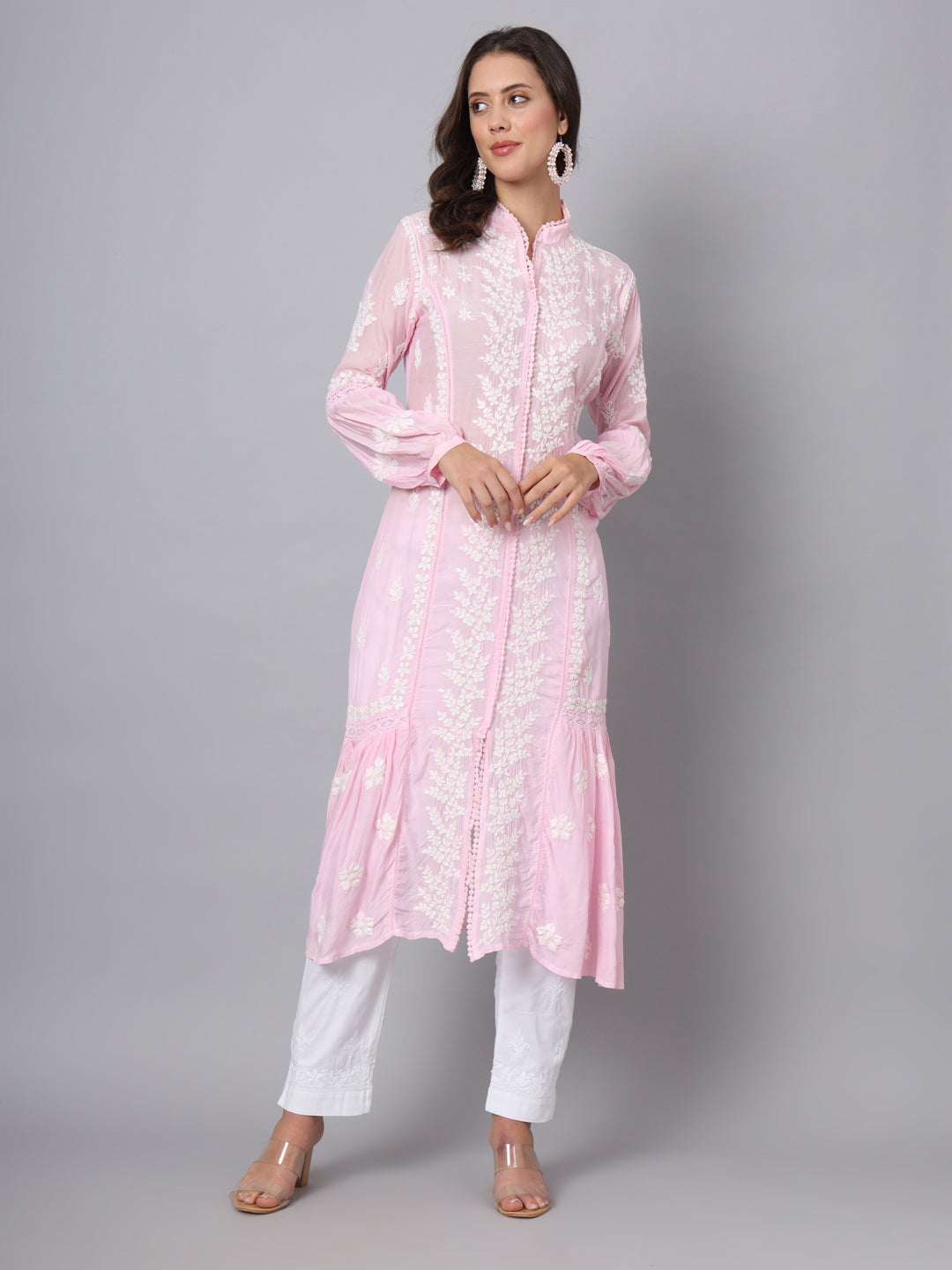 Women Hand Embroidered Chikankari Muslin Kurta-AL3888 Pink