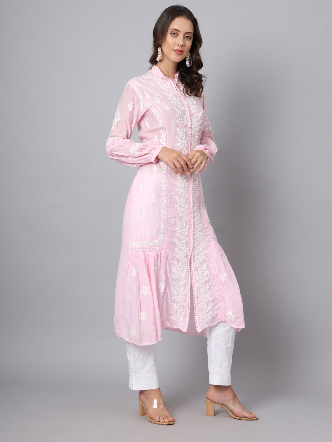 Women Hand Embroidered Chikankari Muslin Kurta-AL3888 Pink