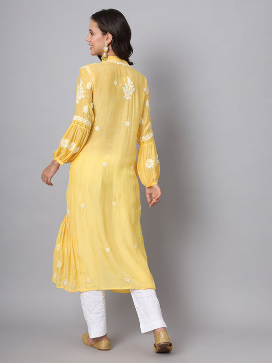 Women Hand Embroidered Chikankari Muslin Kurta-AL3888 Yellow