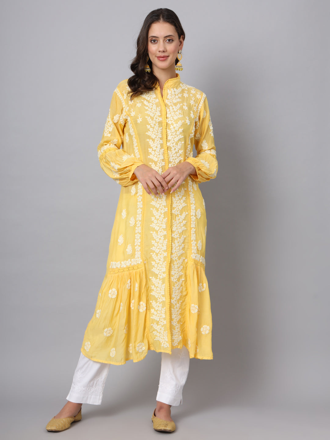 Women Hand Embroidered Chikankari Muslin Kurta-AL3888 Yellow