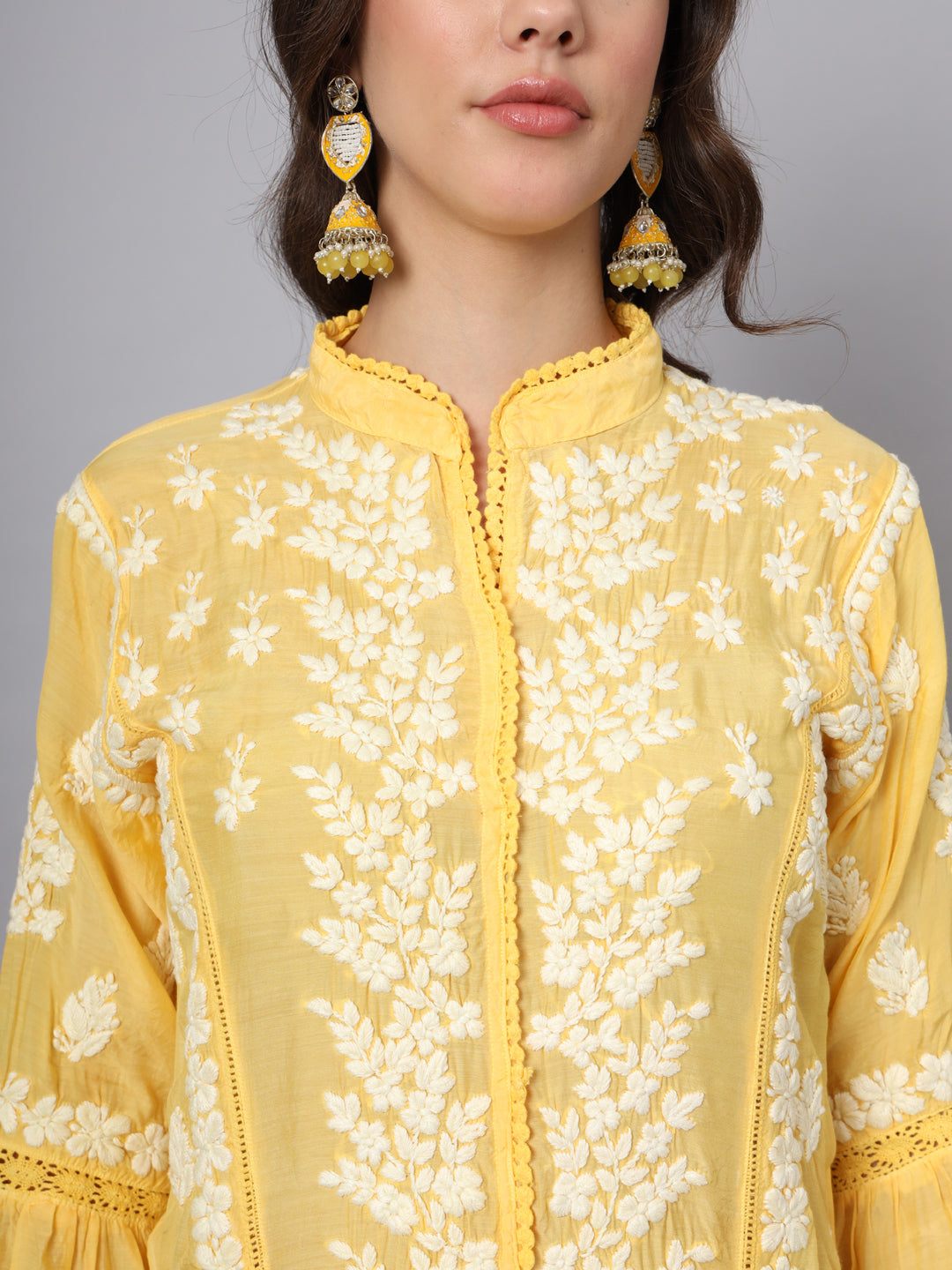 Women Hand Embroidered Chikankari Muslin Kurta-AL3888 Yellow