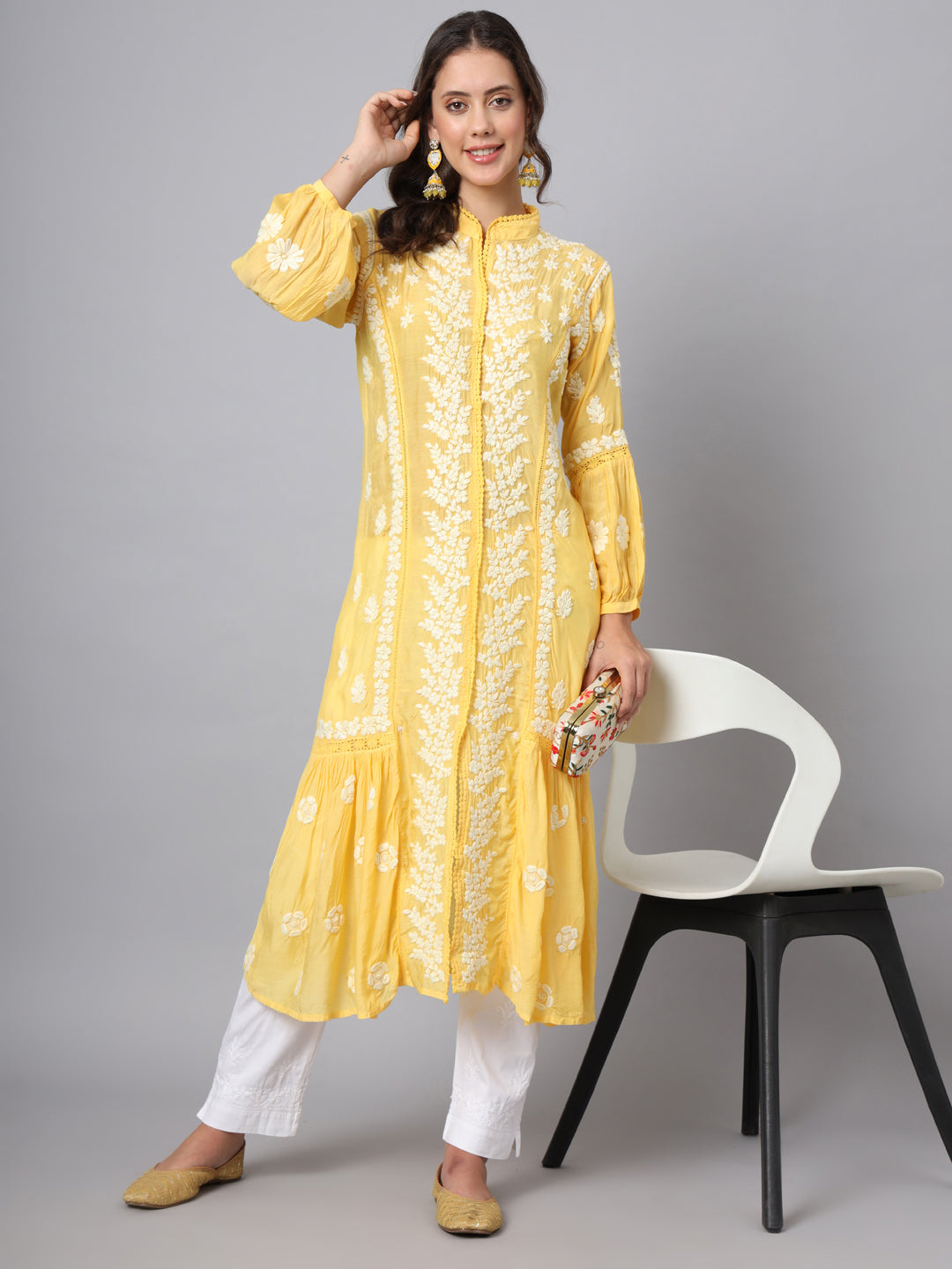 Women Hand Embroidered Chikankari Muslin Kurta-AL3888 Yellow