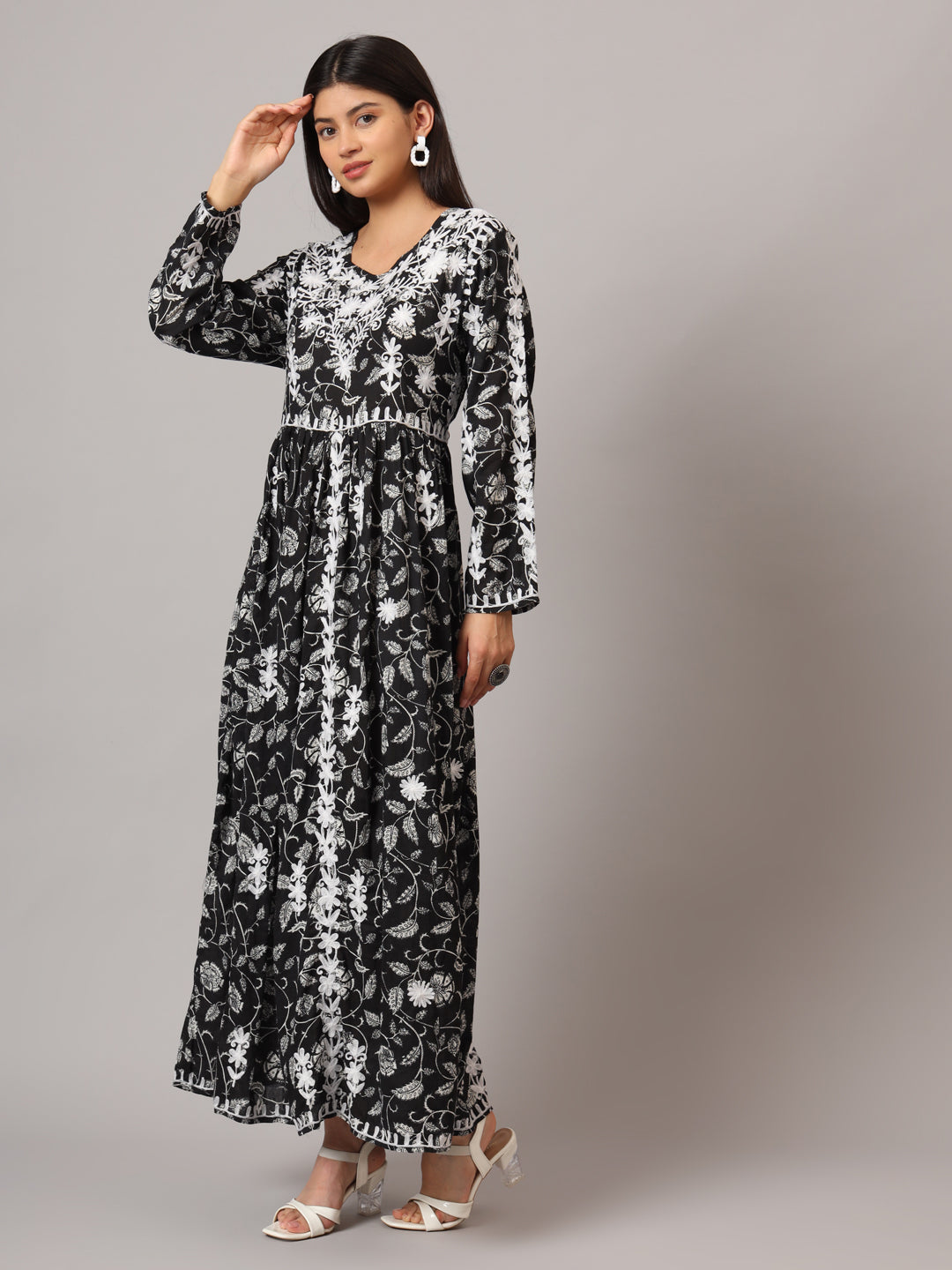 Hand Embroidered Lucknowi Chikankari Printed Mulmul Cotton Jalabiya-AL3936 Black