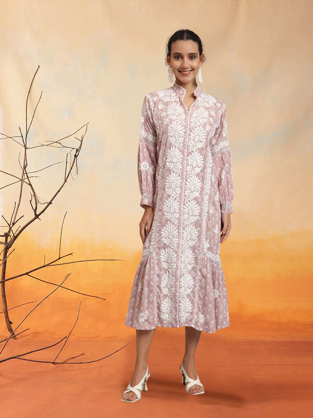 Hand Embroidered Chikankari Floral Printed Mulmul Jalabiya-AL4053 Onionpink