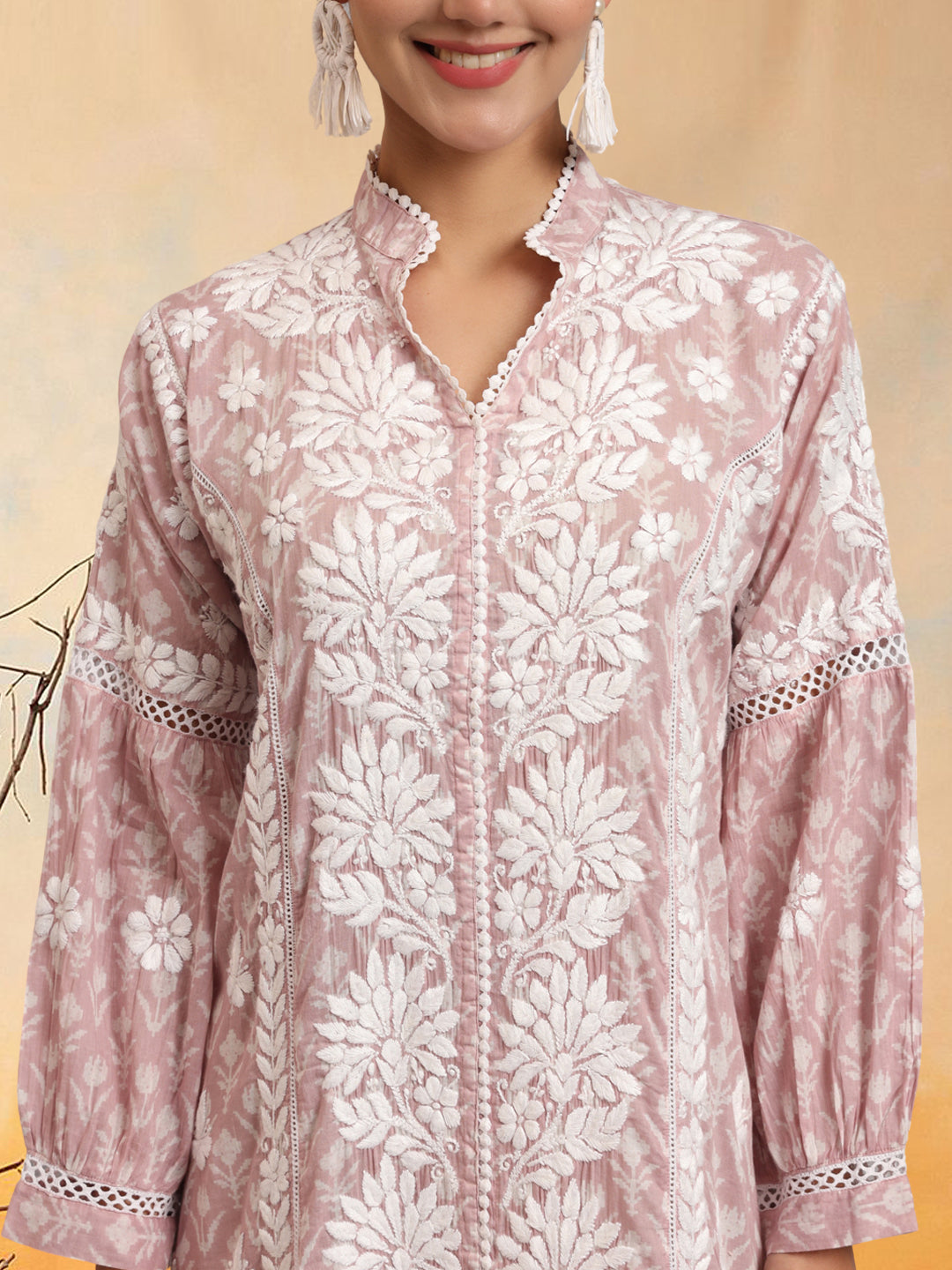 Hand Embroidered Chikankari Floral Printed Mulmul Jalabiya-AL4053 Onionpink