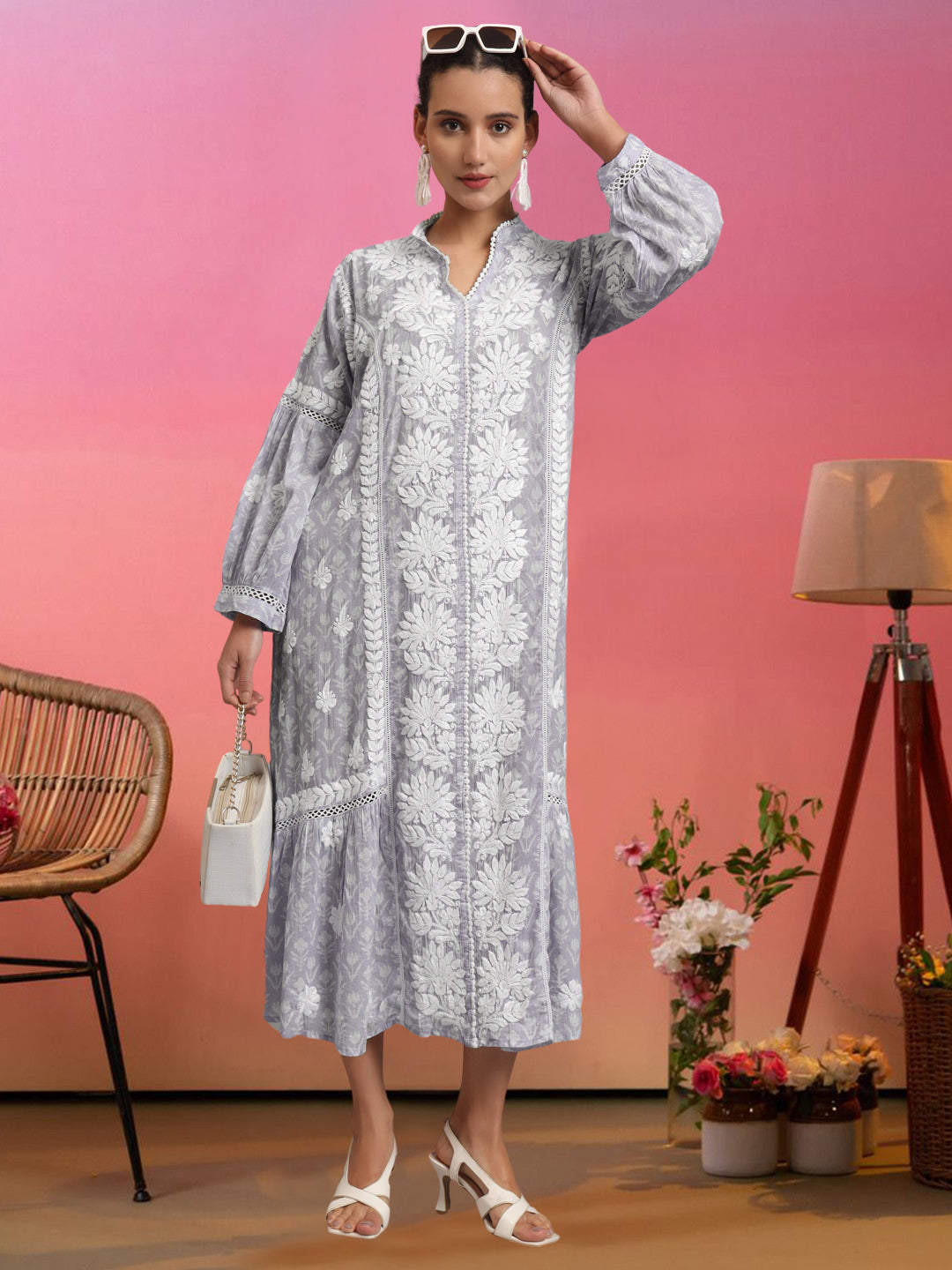 Hand Embroidered Chikankari Floral Printed Mulmul Jalabiya-AL4053 Mauve