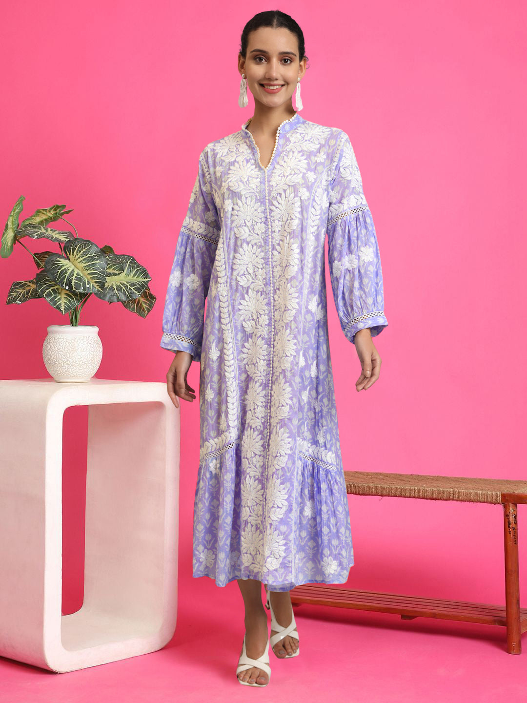 Hand Embroidered Chikankari Floral Printed Mulmul Jalabiya-AL4053 Onionpink