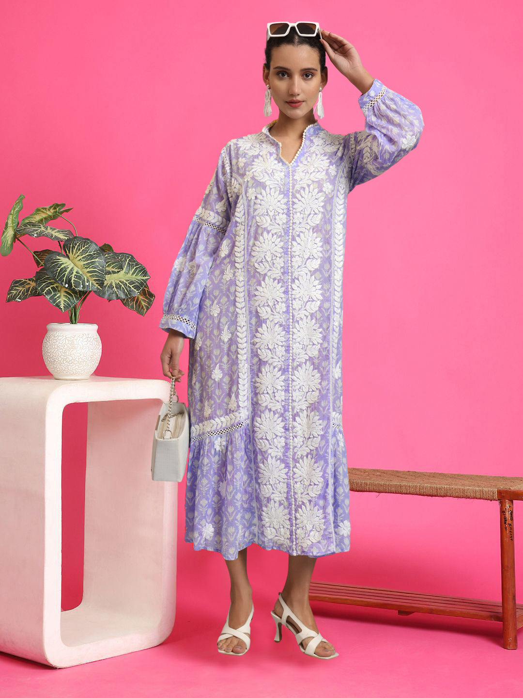 Hand Embroidered Chikankari Floral Printed Mulmul Jalabiya-AL4053 Mauve