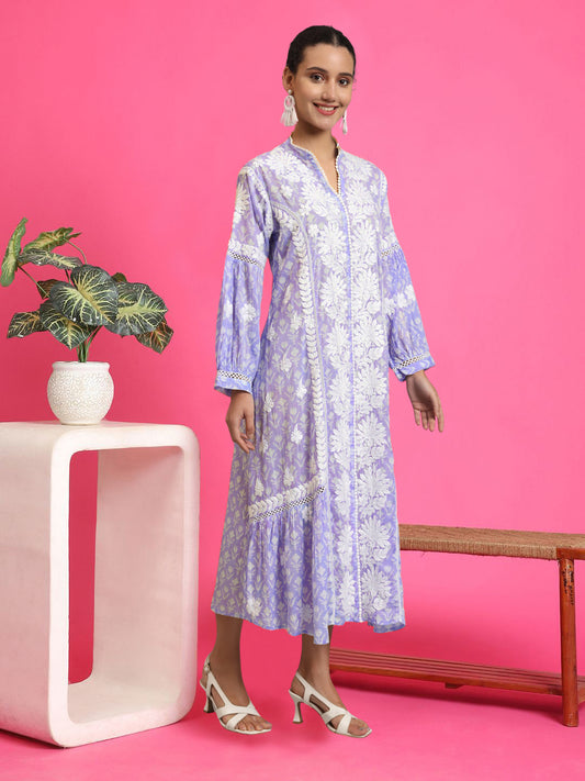 Hand Embroidered Chikankari Floral Printed Mulmul Jalabiya-AL4053 Mauve