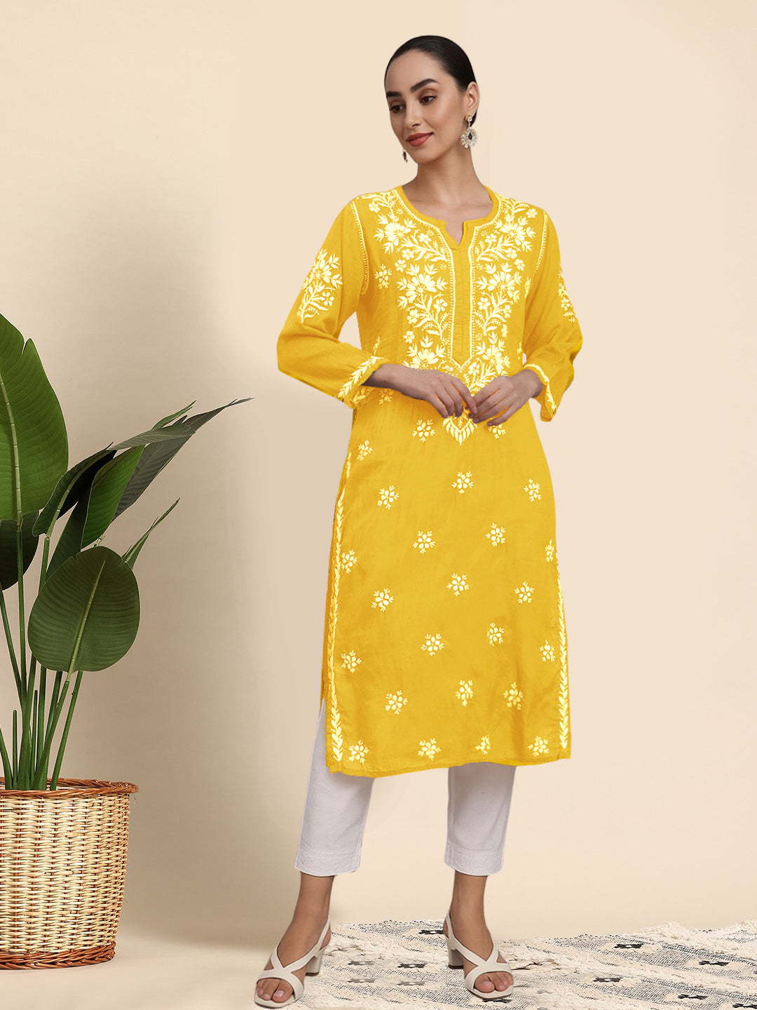 Women Hand Embroidered Modal Chikankari Kurta-AL4059 Yellow