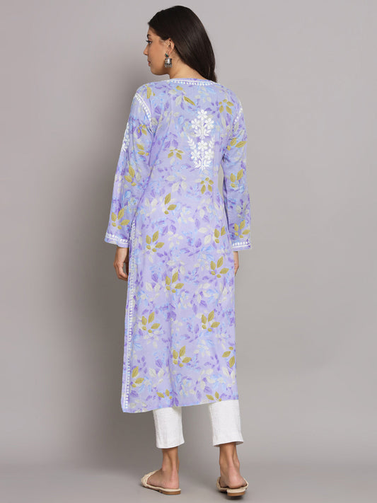 Hand Embroidered Chikan Printed Mulmul Cotton Straight Kurta-AL3680 Mauve