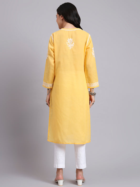 Women Hand Embroidered Chikankari Cotton Kurta-AL3999 Yellow
