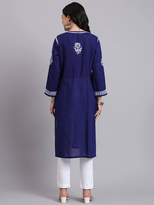 Women Hand Embroidered Chikankari Cotton Kurta-AL3999 Dark Blue
