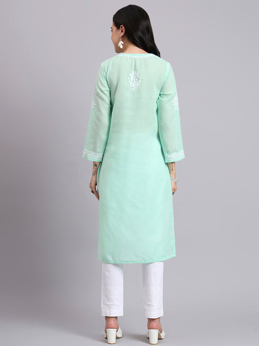Women Hand Embroidered Chikankari Cotton Kurta-AL3999 Light Green