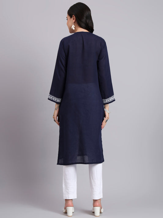 Women Hand Embroidered Chikankari Cotton Kurta-AL3999 Navy