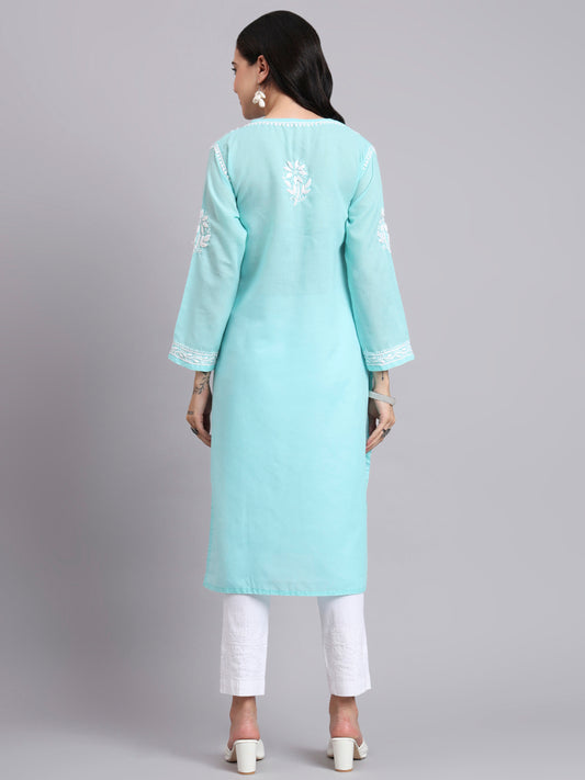 Women Hand Embroidered Chikankari Cotton Kurta-AL3999 Sea Green