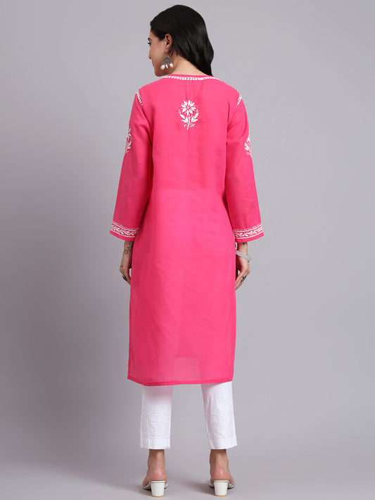 Women Hand Embroidered Chikankari Cotton Kurta-AL3999 Hot Pink