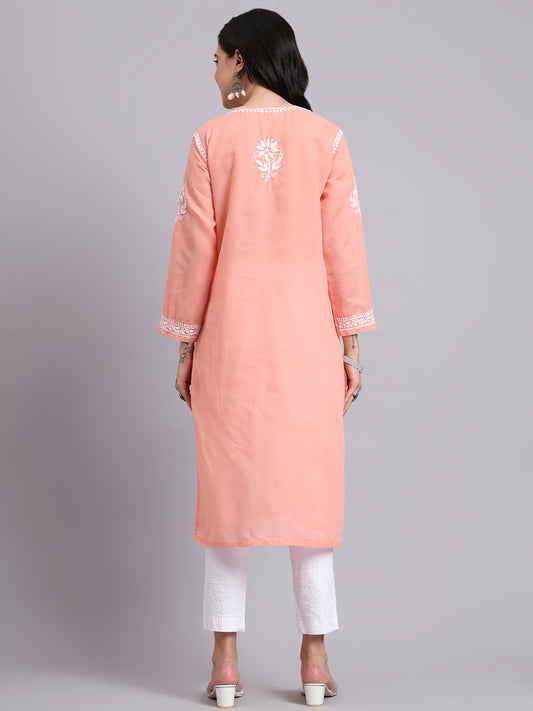 Women Hand Embroidered Chikankari Cotton Kurta-AL3999 Peach