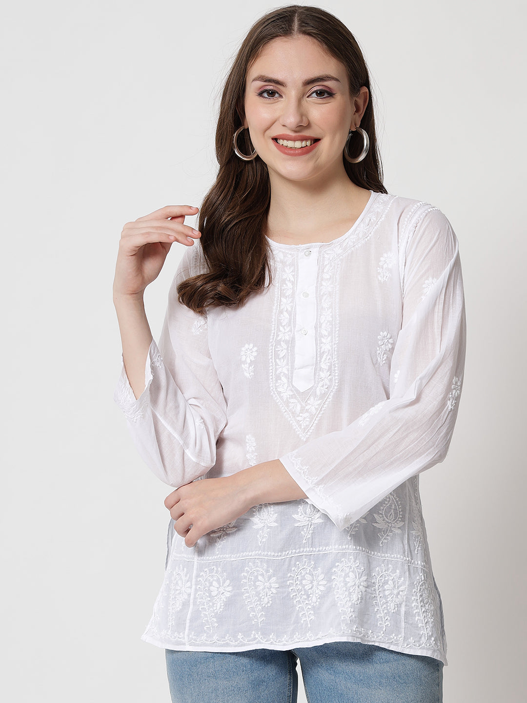 White Hand Embroidered Chikankari Cotton Chikankari Sustainable Kurti-AL1769