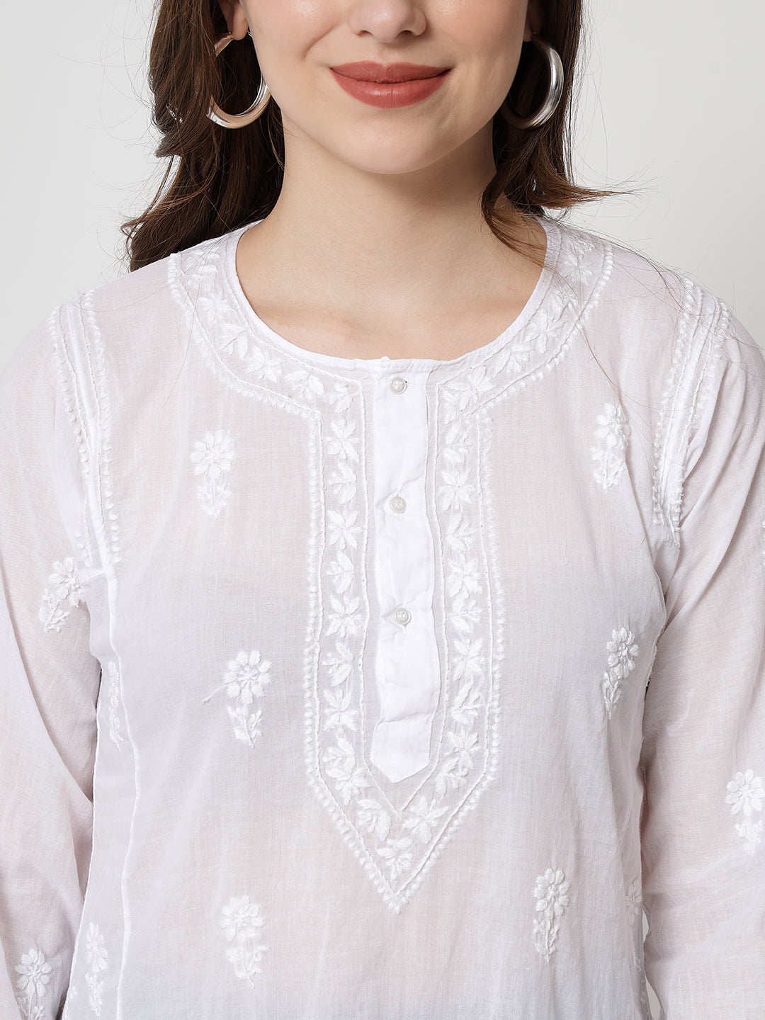 White Hand Embroidered Chikankari Cotton Chikankari Sustainable Kurti-AL1769