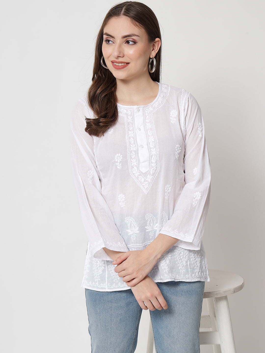 White Hand Embroidered Chikankari Cotton Chikankari Sustainable Kurti-AL1769