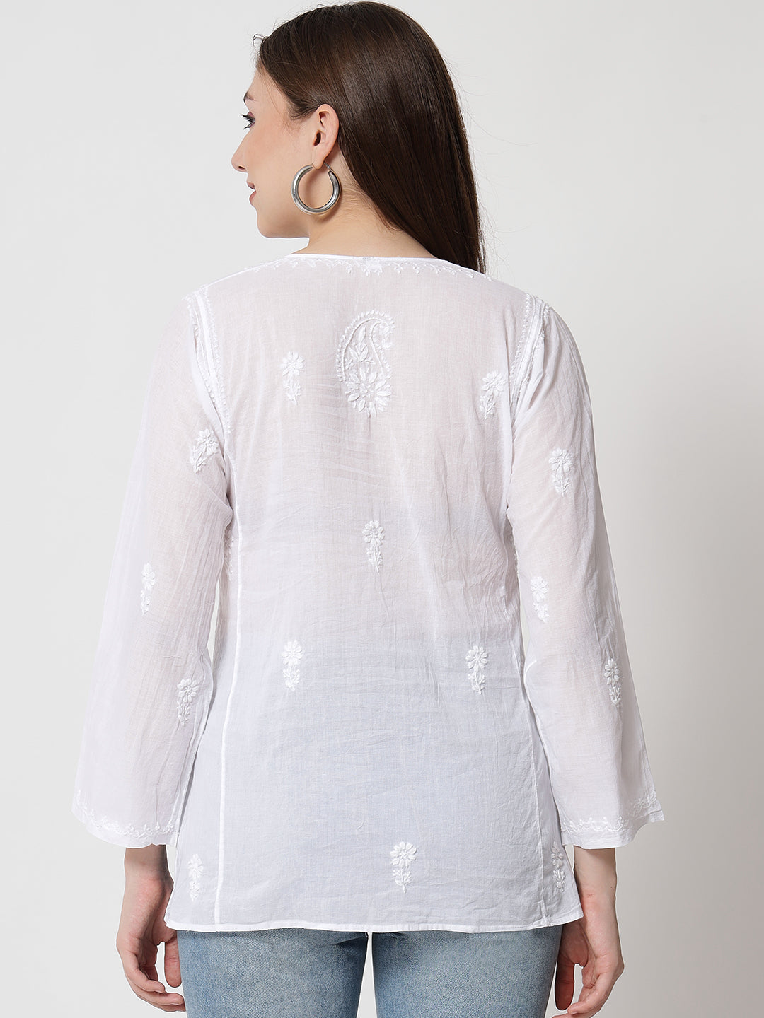 White Hand Embroidered Chikankari Cotton Chikankari Sustainable Kurti-AL1769